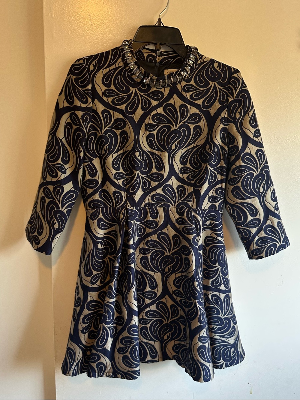 Navy and Cream Mini Dress with Embellished Jewel Neck With Pockets